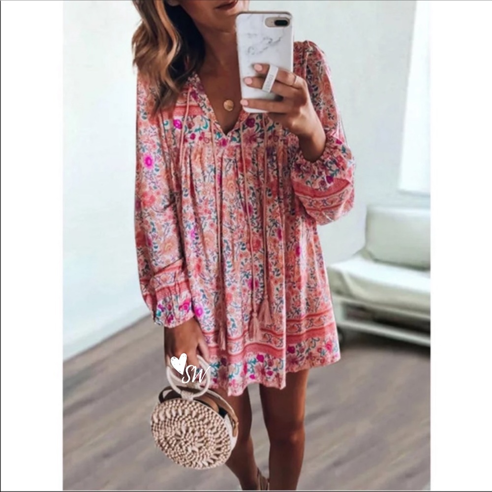 Babydoll Boho Floral Gypsy 70s Print Dress Pink - Picture 2 of 11